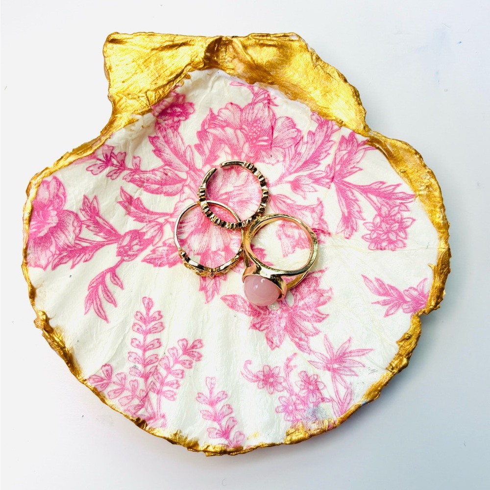 Handcrafted shell ring dish with pink hibiscus decoupage design